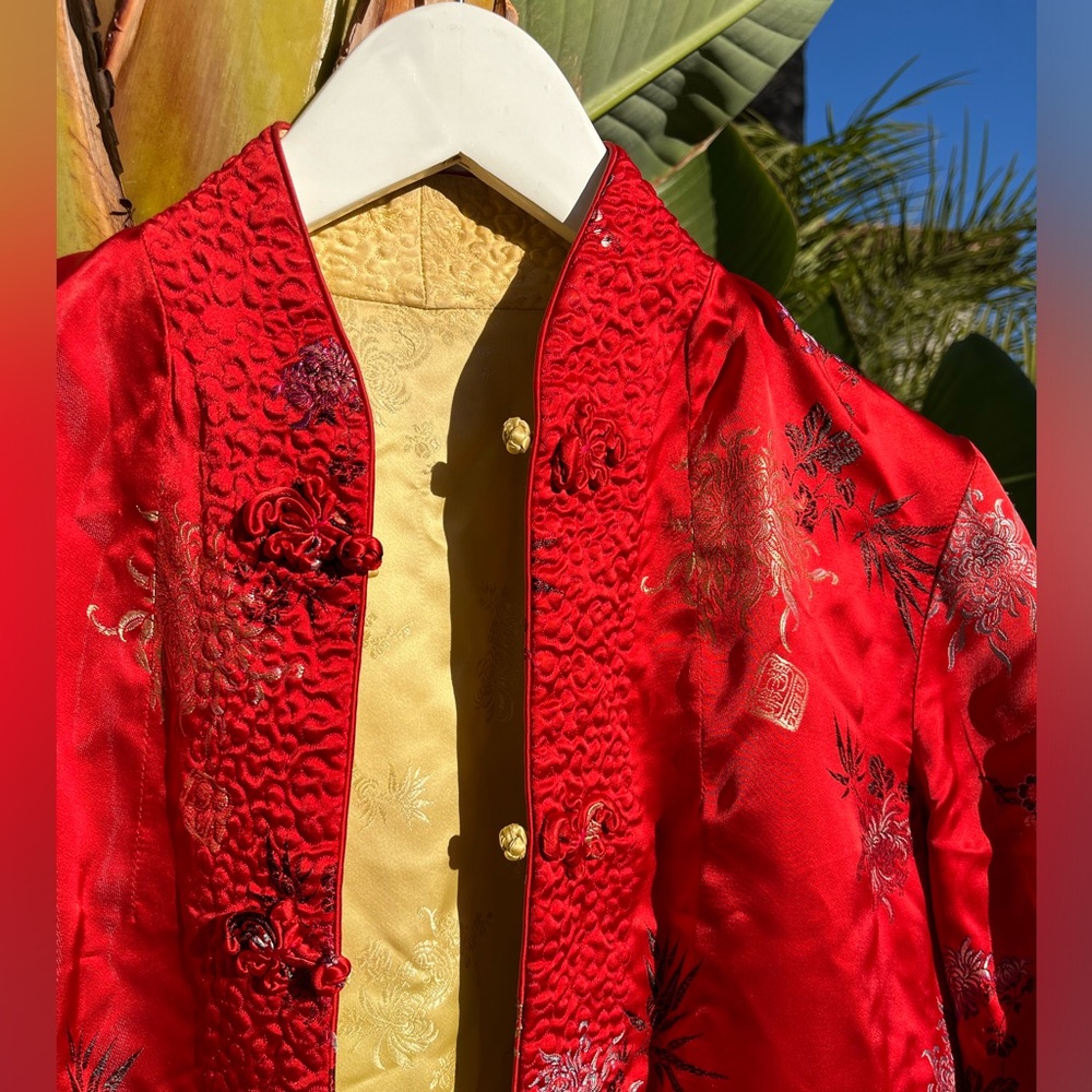 Jacquard Chinese Mandarin Collar Quilted Coat Pockets Reversible Jacket Silk - Picture 8 of 10